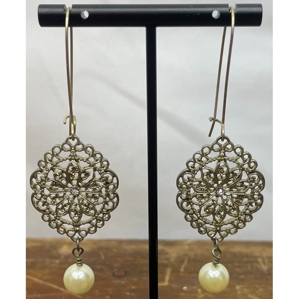 Gold‎ Filigree Pearl Drop Earrings Boho Vintage Dangle Moroccan Chandelier